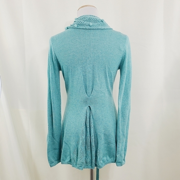 Anthropologie Knitted & Knotted Kose Teal Pom Pom Cardigan - Picture 3 of 6